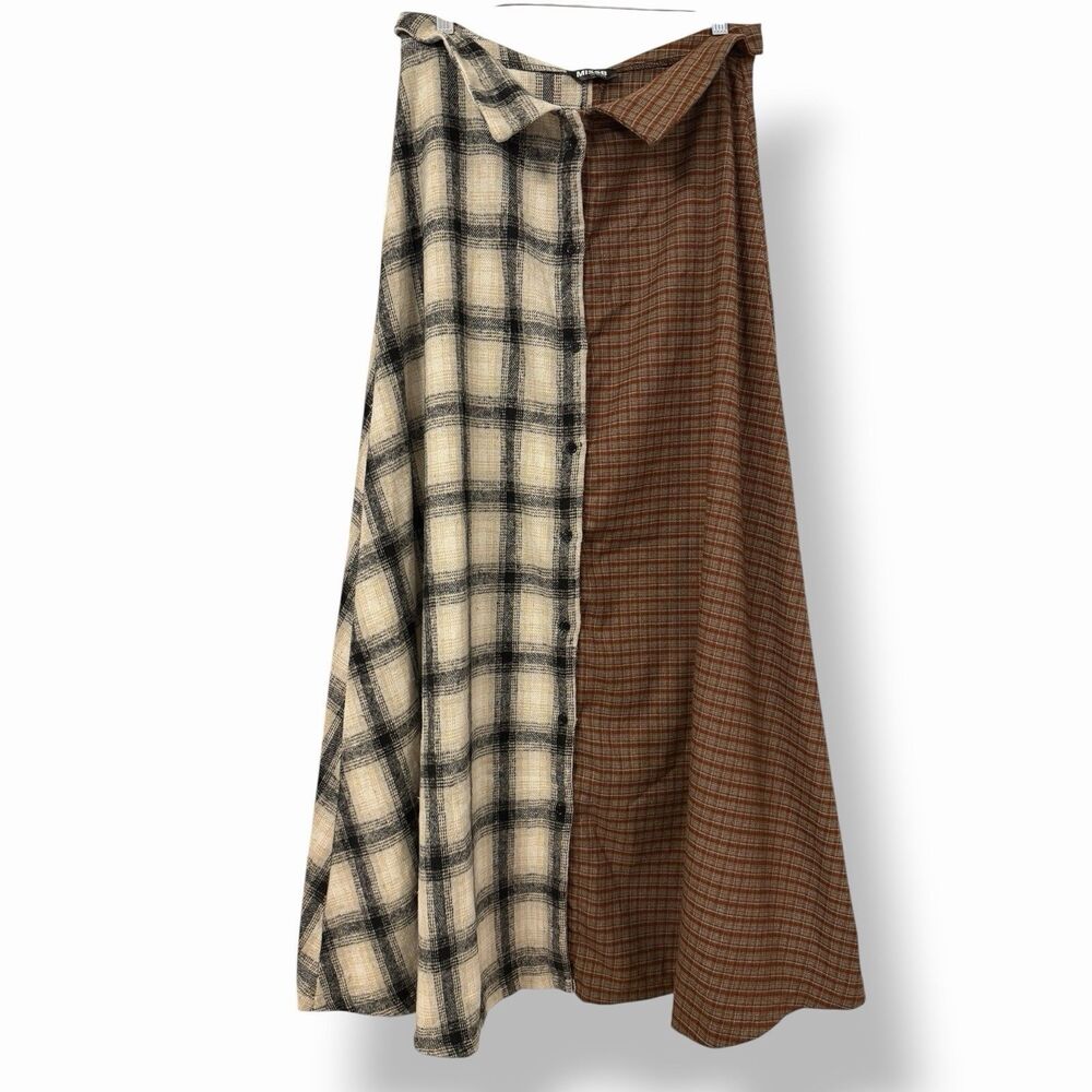 Split Plaid Flannel Asymmetric Fold Over Deconstructed Maxi Skirt Size Large